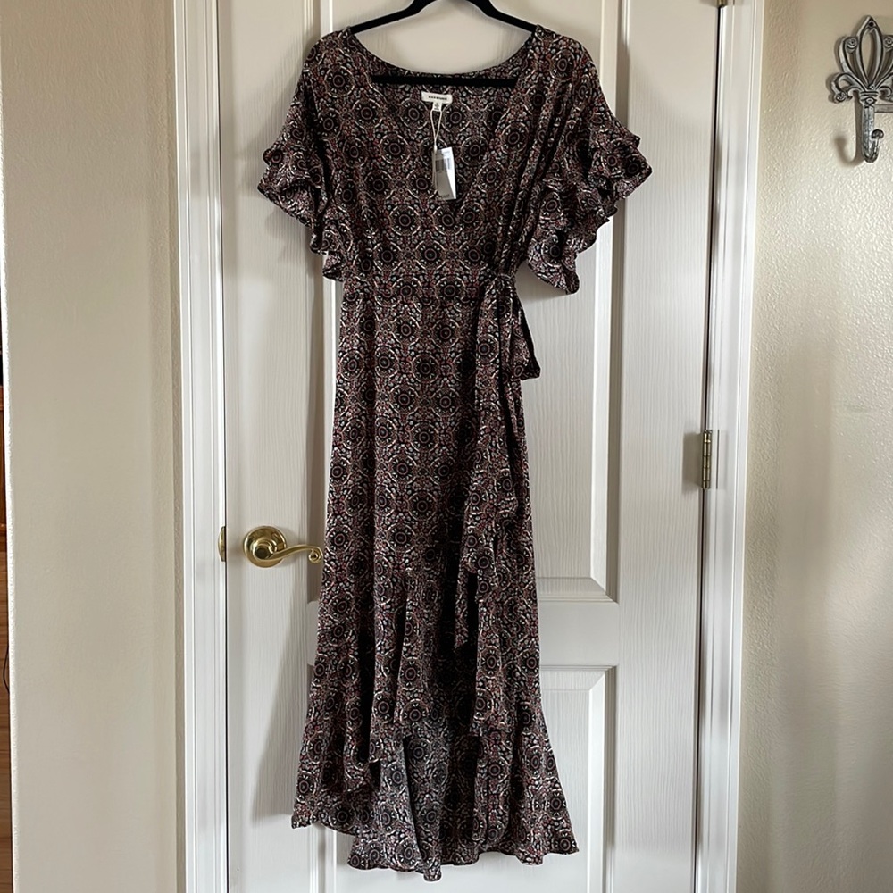 Mac Studio Ruffle Crepe High/Low Wrap Midi Dress